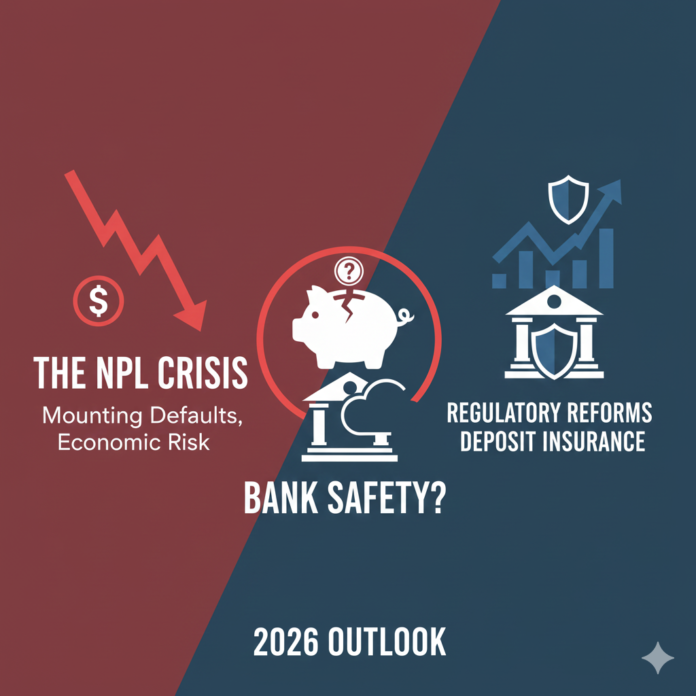 Infographic showing Non-Performing Loan (NPL) ratios of merged banks and capital adequacy of top-tier private banks in Bangladesh 2026.