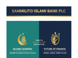 Official signage of Sammilito Islami Bank PLC in Motijheel, Dhaka, representing the merger of five Islamic banks in January 2026.