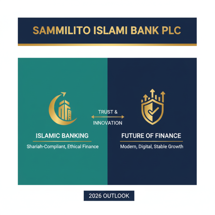 Official signage of Sammilito Islami Bank PLC in Motijheel, Dhaka, representing the merger of five Islamic banks in January 2026.