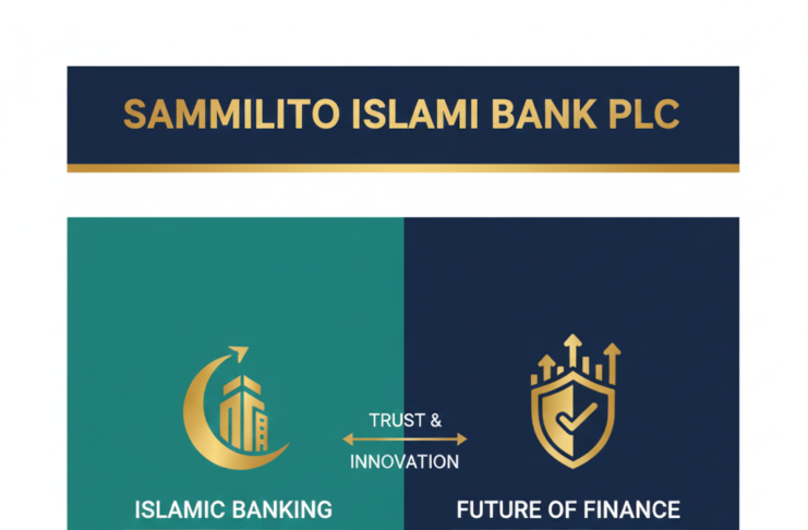 Official signage of Sammilito Islami Bank PLC in Motijheel, Dhaka, representing the merger of five Islamic banks in January 2026.