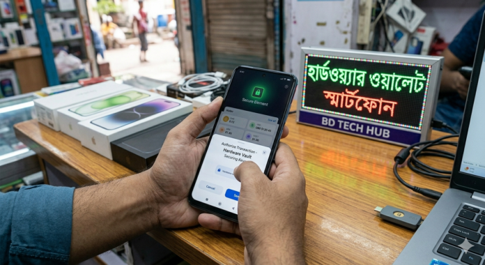 Gemini_Generated_Image_13wu4g13wu4g13wu Detailed infographic for 'Hardware Wallet Smartphone price in Bangladesh', showing a modern phone with cold storage features, security icons, BTC/ETH/SOL coins, and specific BDT price range and historical data graph, set against a Dhaka skyline.