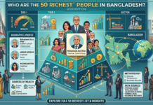 Who is the 50th Richest Man in Bangladesh? Infographic showcasing the richest men in Bangladesh for 2026, including Muhammed Aziz Khan and other top business tycoons, with estimated net worth and business sectors.
