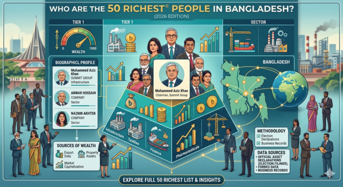 Infographic showcasing the richest men in Bangladesh for 2026, including Muhammed Aziz Khan and other top business tycoons, with estimated net worth and business sectors.