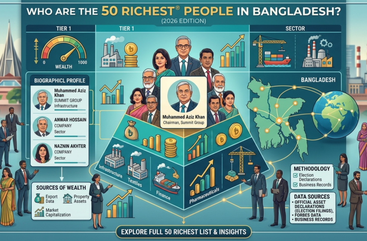 Infographic showcasing the richest men in Bangladesh for 2026, including Muhammed Aziz Khan and other top business tycoons, with estimated net worth and business sectors.