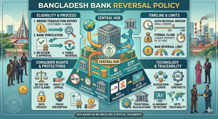 Infographic illustrating the 2026 Bangladesh Bank reversal policy, featuring Straight-Through Processing (STP), Unique End-to-End Transaction Reference (UETR), and MFS Quick Response Cells for bKash and Nagad.