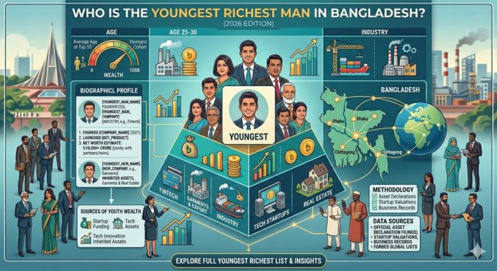 Youngest Wealthiest Leaders in Bangladesh 2026 Edition Infographic identifying the youngest richest individuals in Bangladesh, featuring sectors like Fintech and Tech Startups, with wealth metrics and a 2026 edition label.