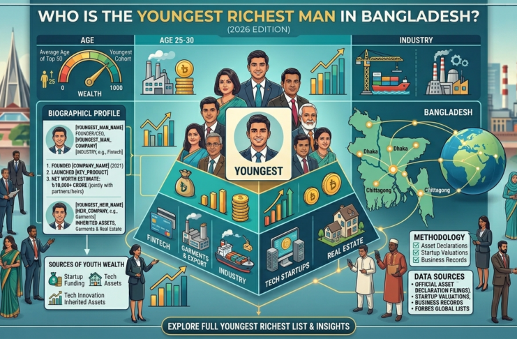 Infographic identifying the youngest richest individuals in Bangladesh, featuring sectors like Fintech and Tech Startups, with wealth metrics and a 2026 edition label.