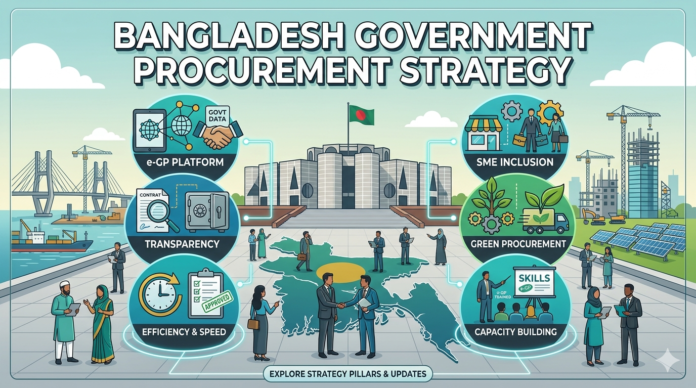 Comprehensive infographic defining the Bangladesh Government Procurement Strategy, featuring six pillars: e-GP Platform, Transparency, Efficiency, SME Inclusion, Green Procurement, and Capacity Building, set against a stylized Dhaka cityscape with the Jatiya Sangsad Bhaban.