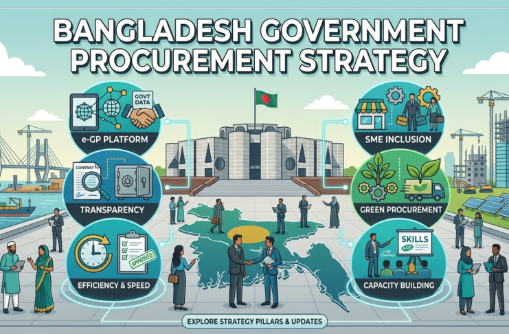 Comprehensive infographic defining the Bangladesh Government Procurement Strategy, featuring six pillars: e-GP Platform, Transparency, Efficiency, SME Inclusion, Green Procurement, and Capacity Building, set against a stylized Dhaka cityscape with the Jatiya Sangsad Bhaban.