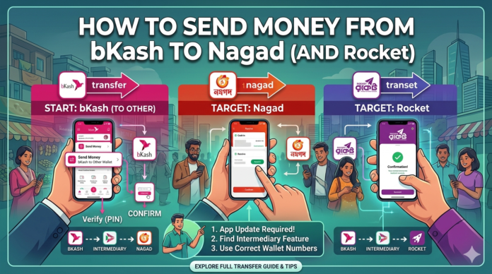 Detailed infographic guide showing how to transfer money from bKash to Nagad and Rocket using an intermediary feature. The image illustrates the process step-by-step, including app navigation from bKash pink interface, through exchange, to Nagad (orange) and Rocket (purple) wallets, set against a stylized Dhaka cityscape background.