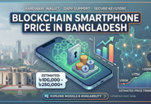 Blockchain Smartphone Price in Bangladesh Comprehensive guide infographic showing estimated blockchain smartphone prices in Bangladesh (BDT), featuring a device with integrated crypto wallet and security vault against a Dhaka cityscape background.
