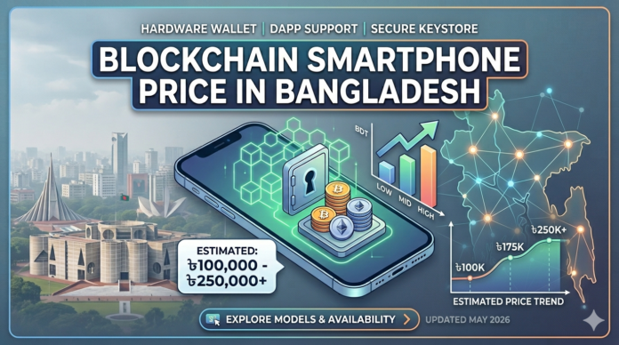 Comprehensive guide infographic showing estimated blockchain smartphone prices in Bangladesh (BDT), featuring a device with integrated crypto wallet and security vault against a Dhaka cityscape background.