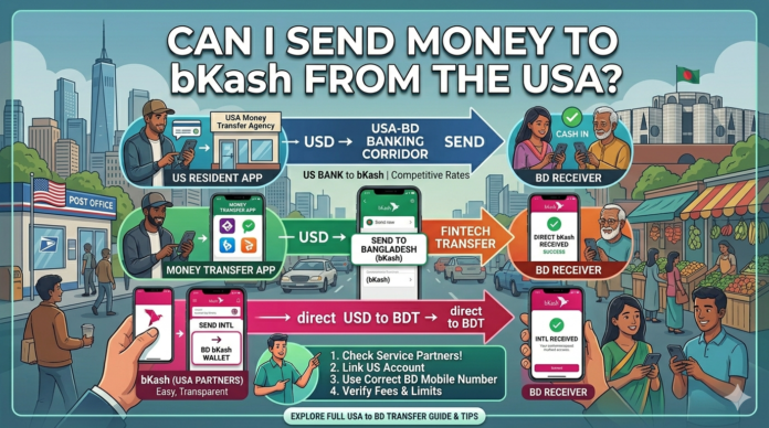 A detailed step-by-step infographic illustrating how to send money to bKash from the USA. The image is divided into three horizontal pathways: 1. US Bank to bKash via Traditional Corridor, 2. Fintech Transfer Apps to bKash, and 3. Direct bKash USA Partner function. The pathways show diverse users (US Resident and BD Receiver) mid-transfer with bKash app interfaces, set against blended NYC and Dhaka cityscape backgrounds.
