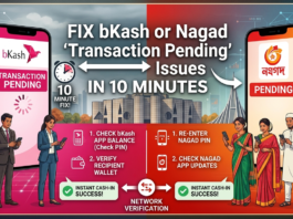 Detailed infographic blog thumbnail for 'How to Fix bKash or Nagad 'Transaction Pending' Issues in 10 Minutes'. The image is divided to show bKash (pink) and Nagad (orange) solutions, with phone screens displaying 'Pending' status, immediate fix checklists, a clock, and a successful cash-in icon against a stylized Dhaka skyline.