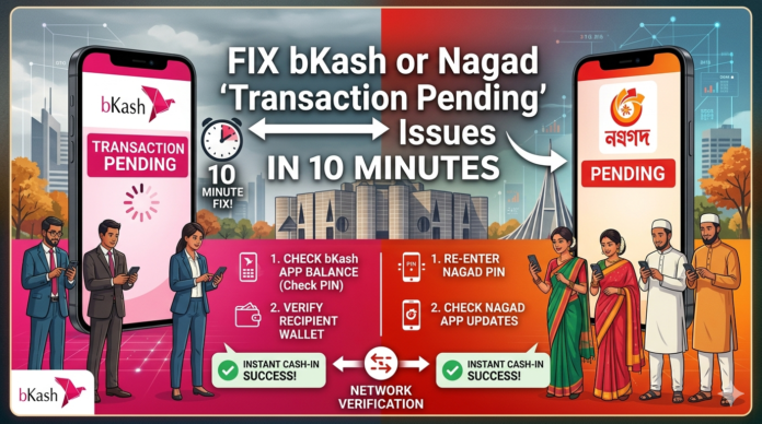 Detailed infographic blog thumbnail for 'How to Fix bKash or Nagad 'Transaction Pending' Issues in 10 Minutes'. The image is divided to show bKash (pink) and Nagad (orange) solutions, with phone screens displaying 'Pending' status, immediate fix checklists, a clock, and a successful cash-in icon against a stylized Dhaka skyline.