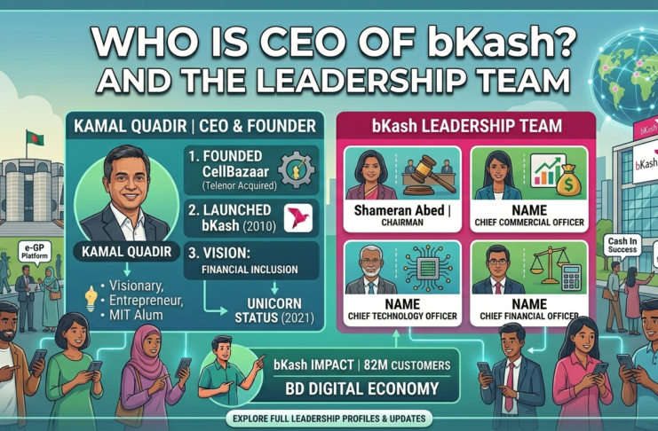 A detailed biographical infographic portrait and leadership team grid for bKash. The image features Kamal Quadir (CEO and Founder) with key achievements (Founded CellBazaar, Launched bKash, Vision) and profile cards for Chairman Shameran Abed and other C-suite executives, set against a blended Dhaka cityscape and a global financial network with bKash impact statistics.