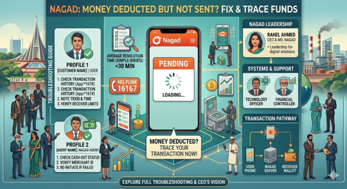 Infographic guide for Nagad money deducted but not sent issues, showing troubleshooting steps like checking transaction history, KYC status, and contacting the 16167 hotline.