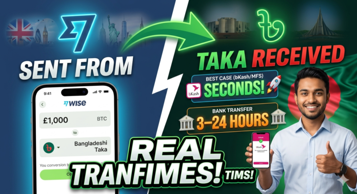 Infographic comparison showing real Wise transfer times to Bangladesh, comparing instant bKash mobile wallet credits against 3-to-24 hour traditional bank clearing windows.
