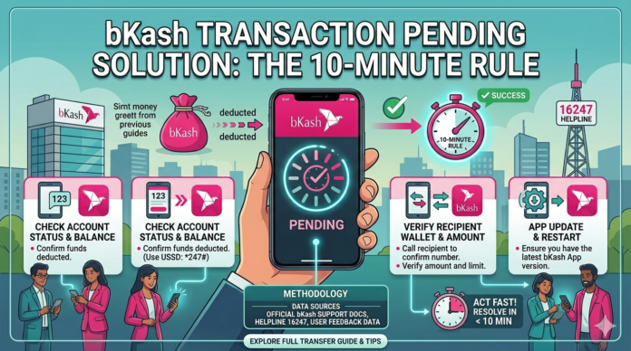 Step-by-step infographic for bKash transaction pending solution showing the 10-minute rule, including USSD check *247#, recipient verification, and app update steps.