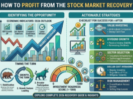 Infographic detailing how to profit from the stock market recovery in 2026. The image contrasts a downturn (bear, red charts) with recovery (bull, rising green charts), listing strategies like value investing, dividend growth, and sector selection, set against a modern city skyline.