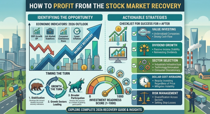 Infographic detailing how to profit from the stock market recovery in 2026. The image contrasts a downturn (bear, red charts) with recovery (bull, rising green charts), listing strategies like value investing, dividend growth, and sector selection, set against a modern city skyline.