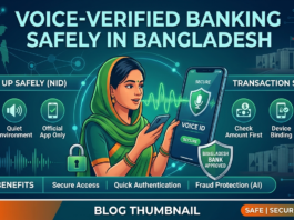 Infographic on safe voice-verified banking in Bangladesh, showing a user interacting with a mobile app via voice prompts, with icons for NID verification, deepfake protection, and official helpline numbers.