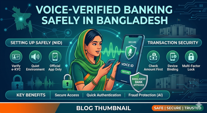 Infographic on safe voice-verified banking in Bangladesh, showing a user interacting with a mobile app via voice prompts, with icons for NID verification, deepfake protection, and official helpline numbers.