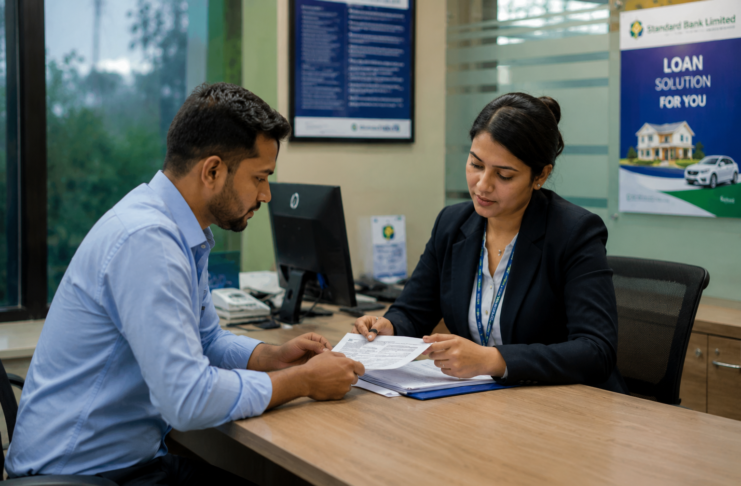 Customer discussing personal loan interest rates with bank officer in Bangladesh